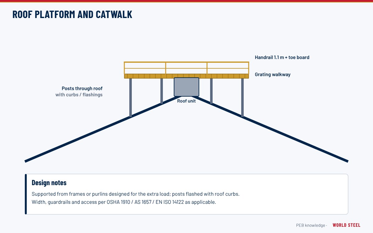 Steel equipment platform on a metal roof with grating deck, guardrails and an elevated catwalk leading to it