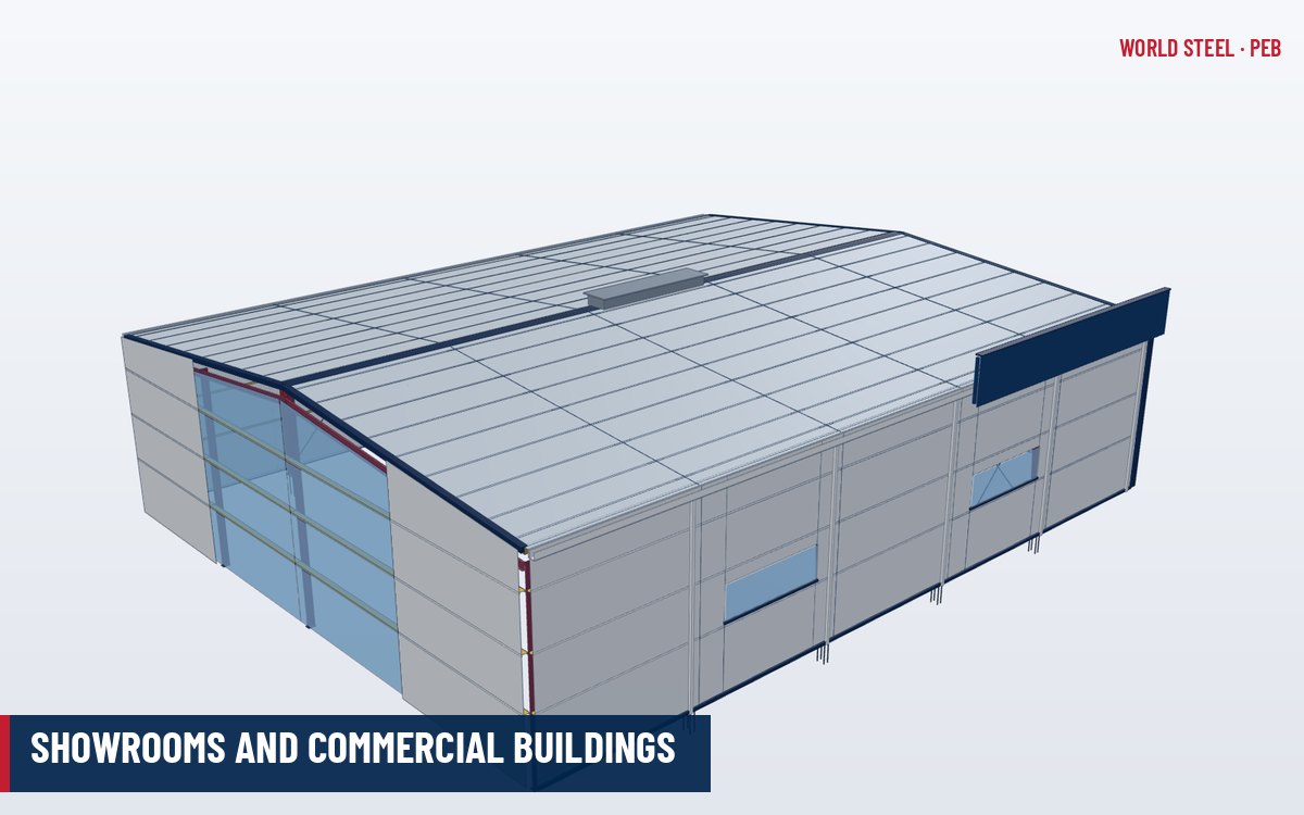 Car showroom built on a PEB frame with glazed front facade, parapet fascia and entrance canopy