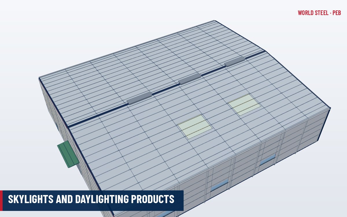 Translucent skylight panels in the roof of a pre-engineered steel building