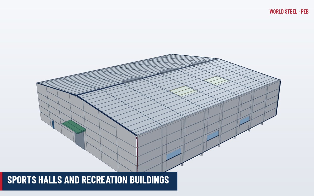 Indoor sports hall on clear-span steel frames with courts, skylights and spectator seating