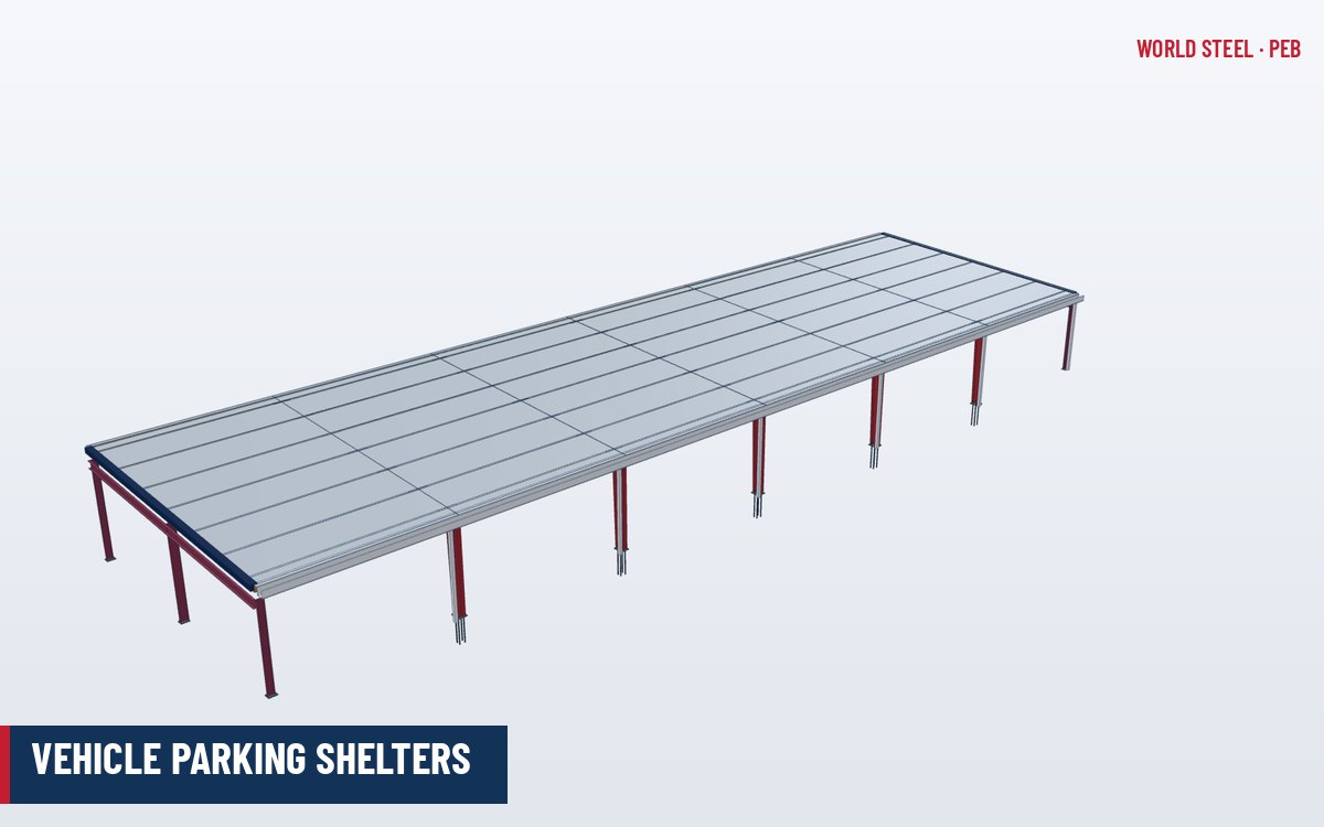Row of steel cantilever car parking shelters with single-slope roofs over parked cars