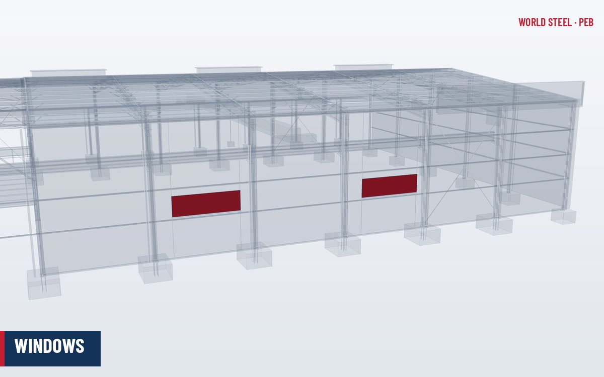 Row of aluminium windows set between girts in the sidewall of a PEB