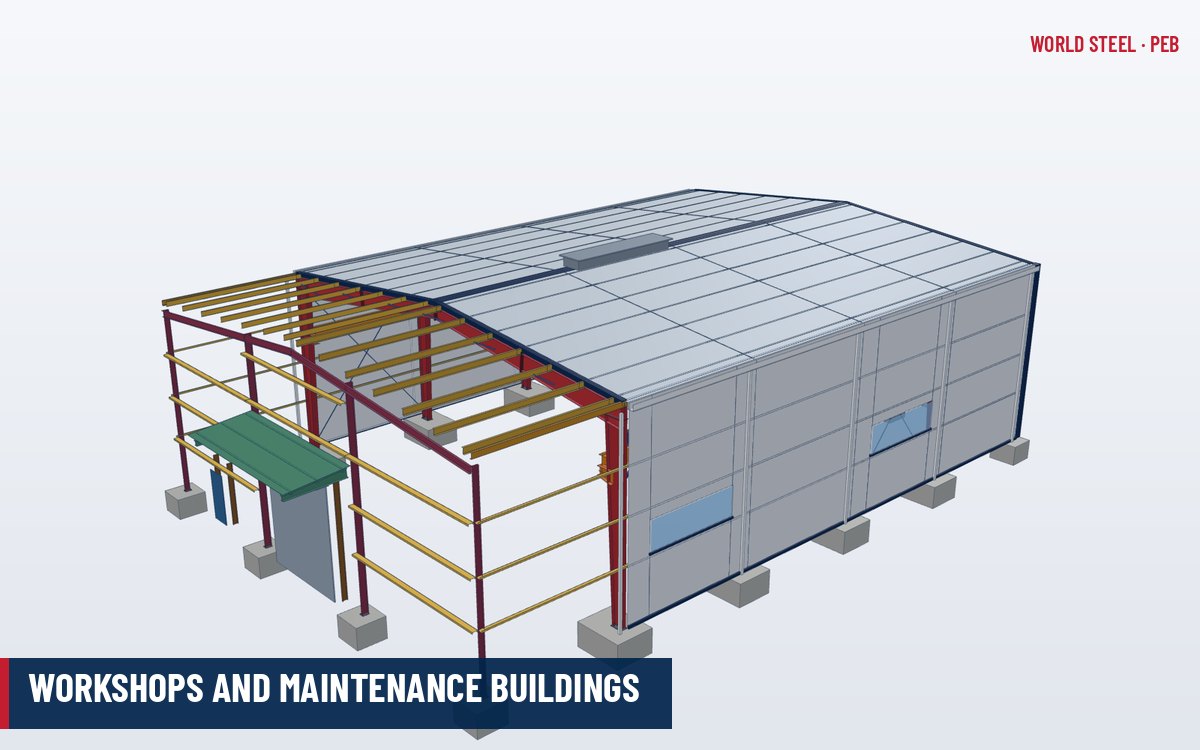 Heavy vehicle maintenance workshop on steel frames with overhead crane and large roll-up doors