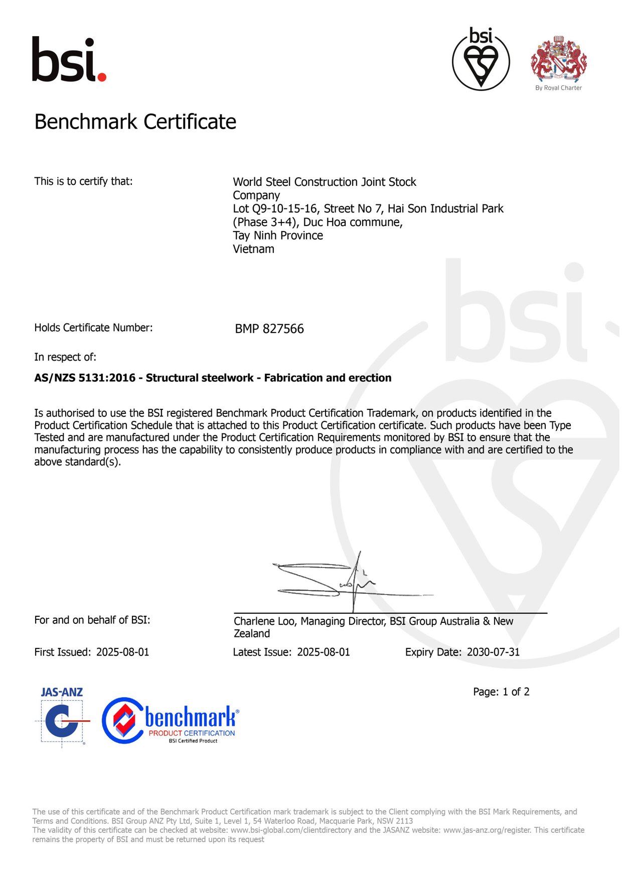 BSI Benchmark certificate BMP 827566 for AS/NZS 5131:2016 issued to World Steel Construction Joint Stock Company