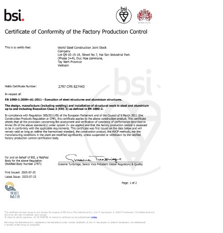 BSI certificate of conformity of the factory production control 2797 CPR 827443 – EN 1090-1, EXC3 – World Steel
