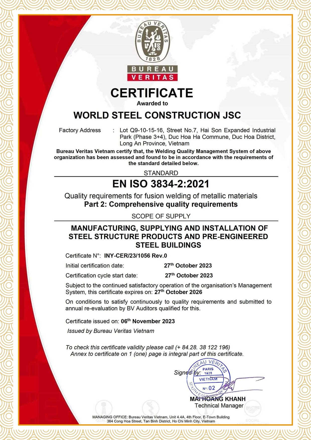 Bureau Veritas certificate INY-CER/23/1056 for EN ISO 3834-2:2021 awarded to World Steel Construction JSC