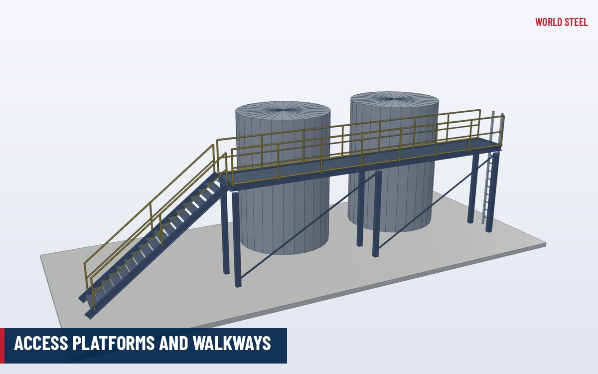 Isometric 3D render of a steel access platform with grating deck, guardrails, stair and ladder
