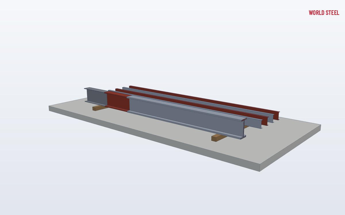 Low-angle view of alkyd-primed frames and purlins stacked for dispatch