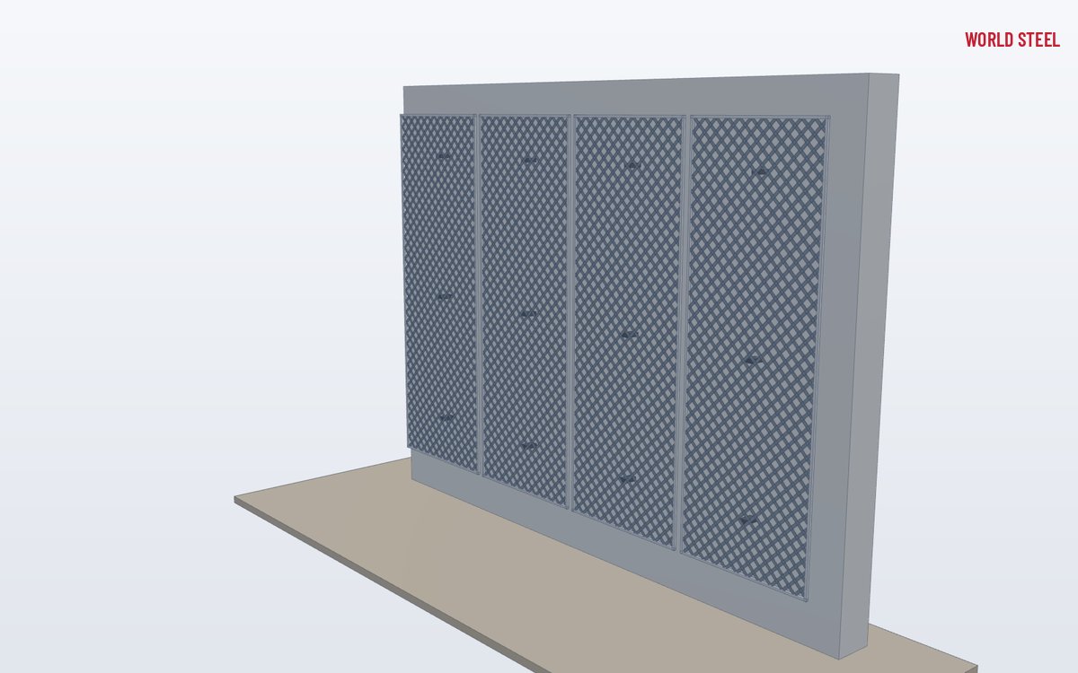 Low-angle view of a sunscreen made from flattened aluminium expanded mesh panels