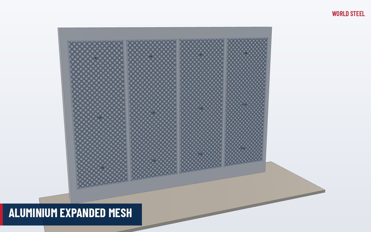3D render of powder-coated aluminium expanded mesh facade panels on a car park