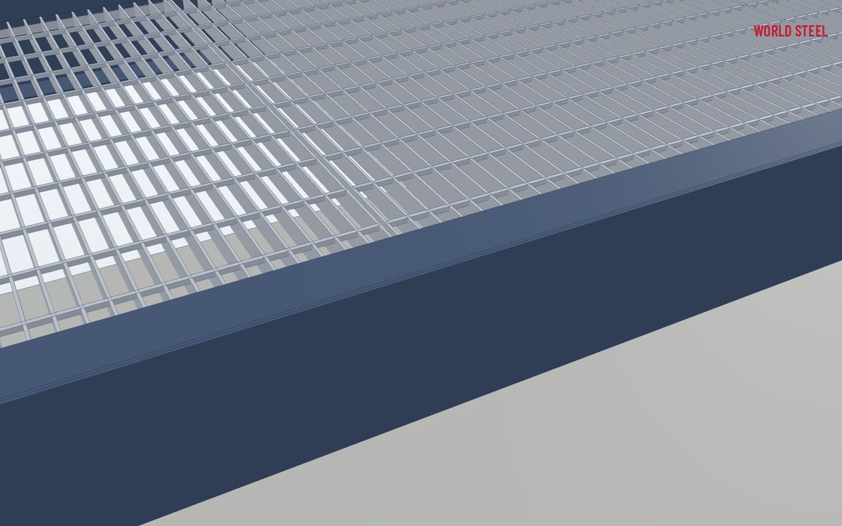 Close-up of aluminium bearing bars with serrated top and locked cross bars