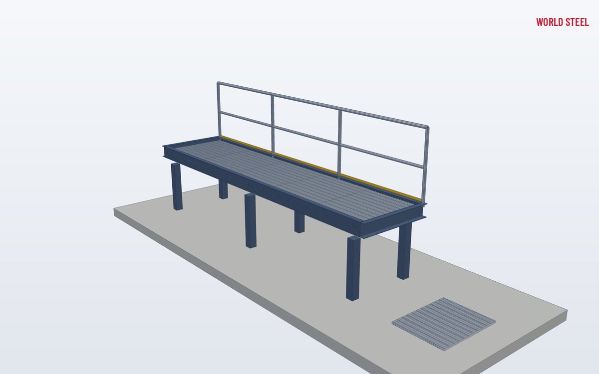 Low-angle view of aluminium grating on a support frame with isolation pads