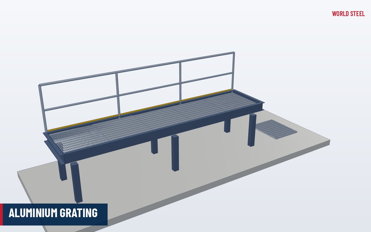 Isometric 3D illustration of aluminium bar grating panels on a roof access walkway