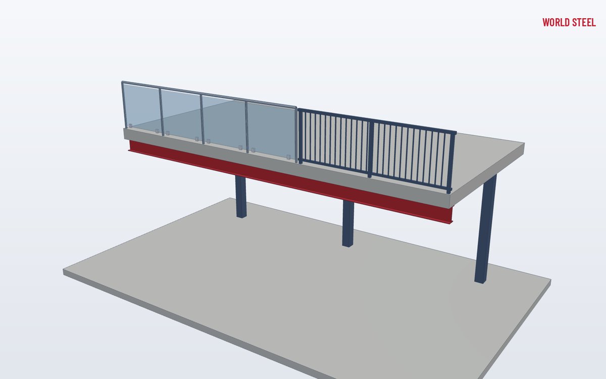 Low-angle view of glass and picket balustrades along a mezzanine edge