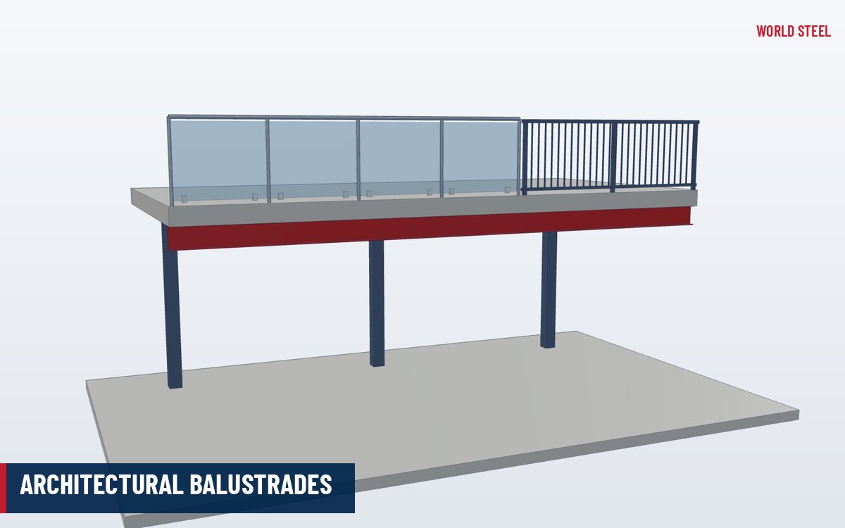 Isometric 3D render of an architectural steel balustrade with glass infill panels and top rail