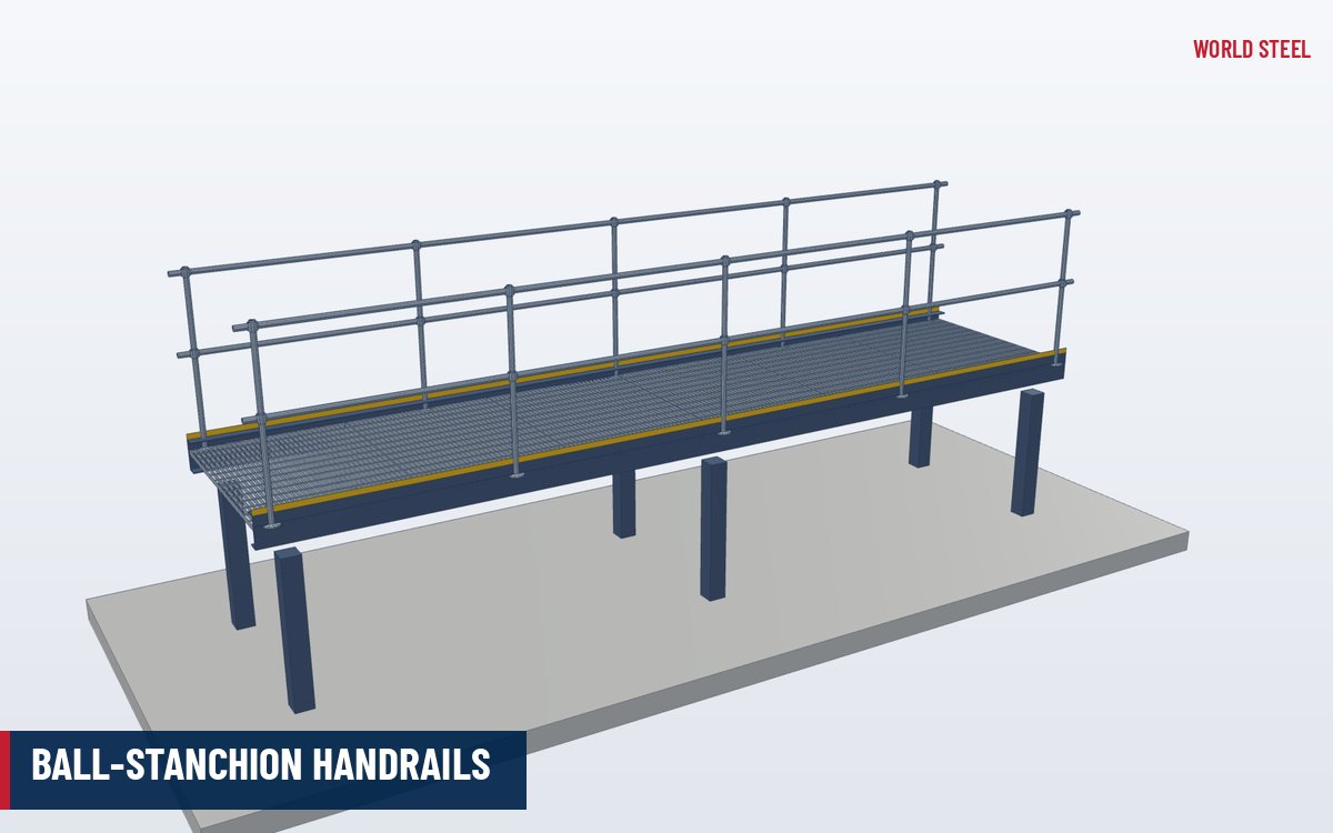 Isometric 3D render of a ball-stanchion handrail with two tube rails
