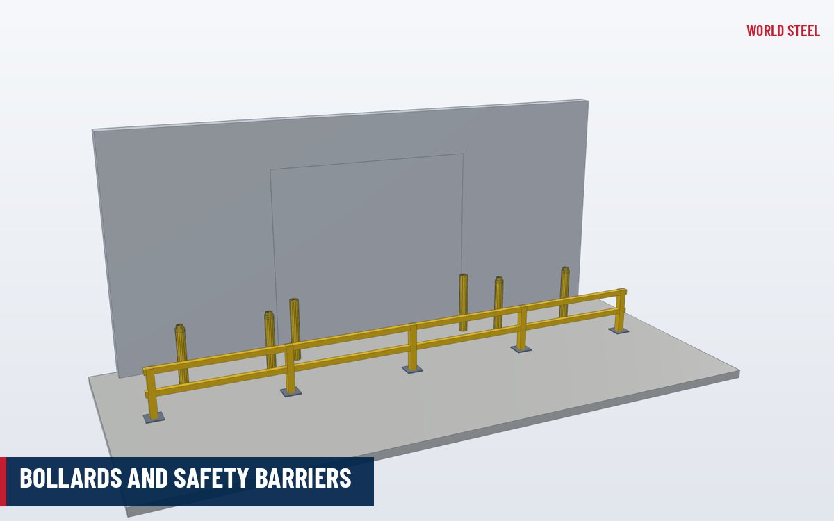 Isometric 3D render of steel pipe bollards and a rail barrier