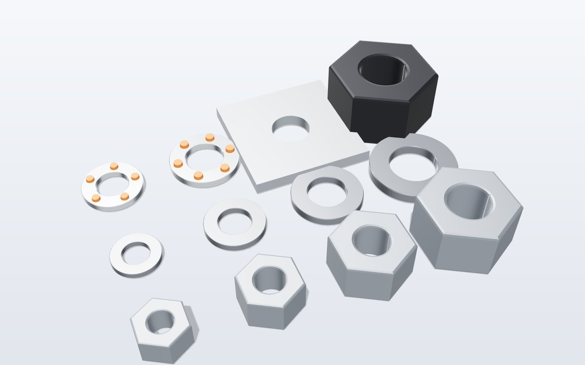 Heavy hex nuts, hardened washers, square plate washers and DTI washers
