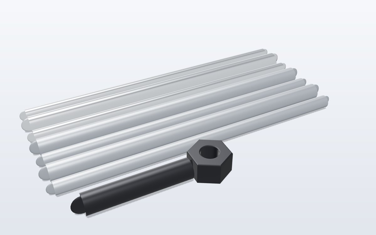 Bundle of galvanized threaded rods with a stud bolt and nut