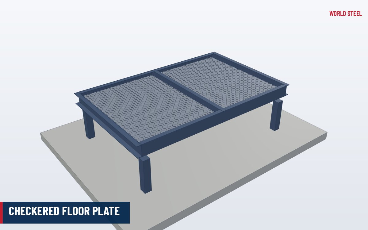 Isometric render of a stiffened checkered steel floor plate panel