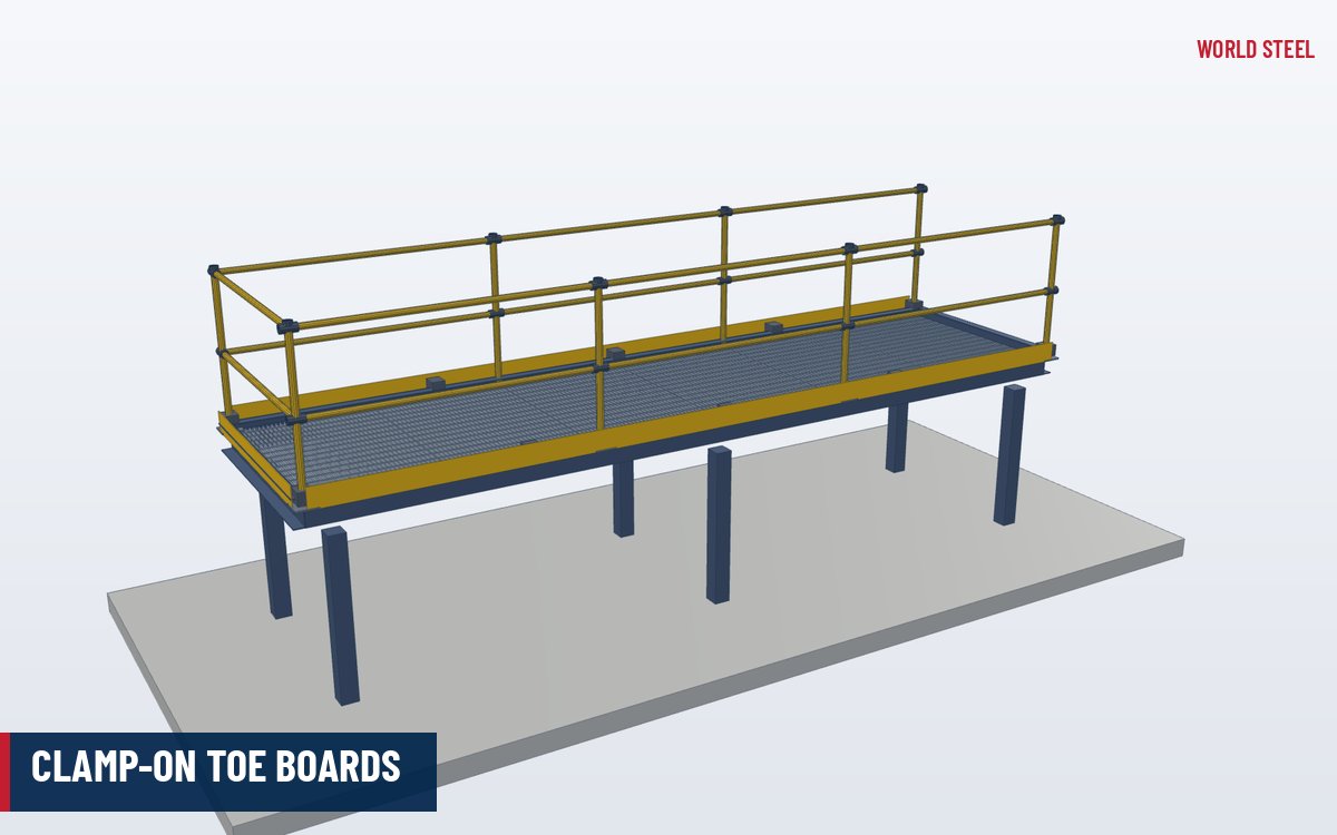Isometric 3D render of a toe board clamped to existing handrail stanchions at a platform edge