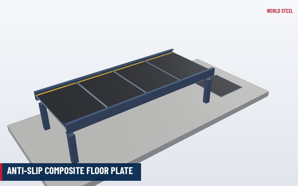 Isometric 3D illustration of anti-slip composite floor plates with yellow edge strips on a platform