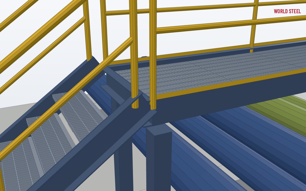 Junction of the top platform and stair stringer of a steel crossover