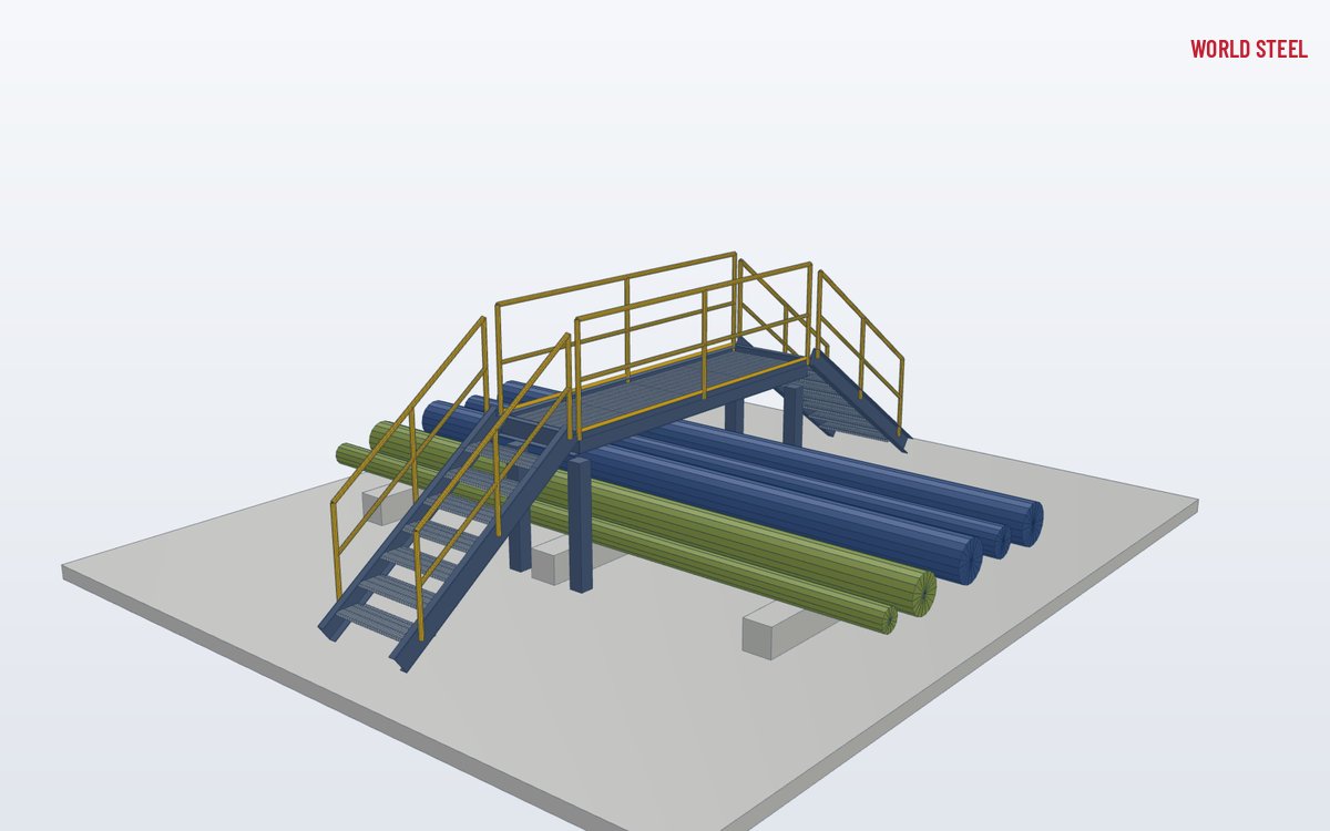 Low-angle view of a galvanized crossover stair over pipes