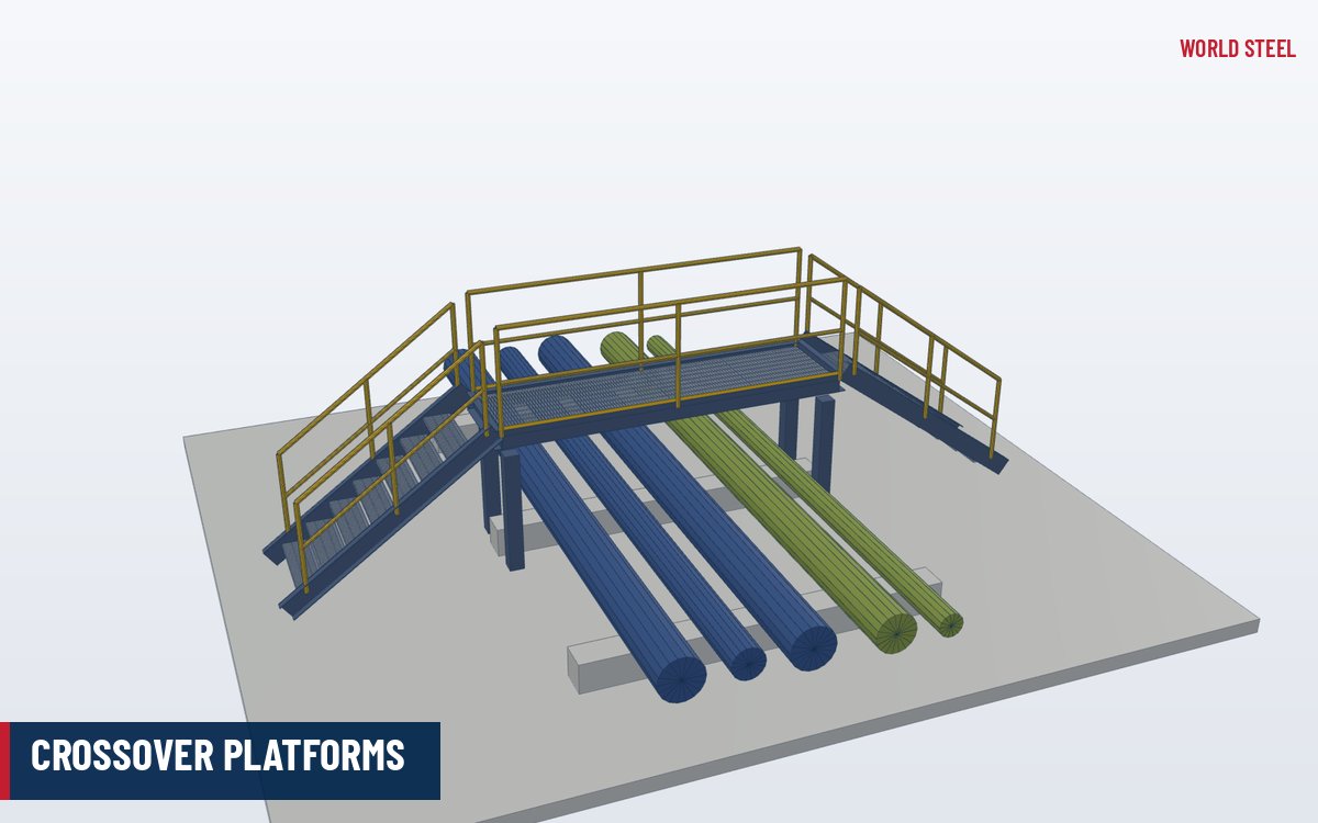 Isometric 3D render of a steel crossover stair spanning a pipe run