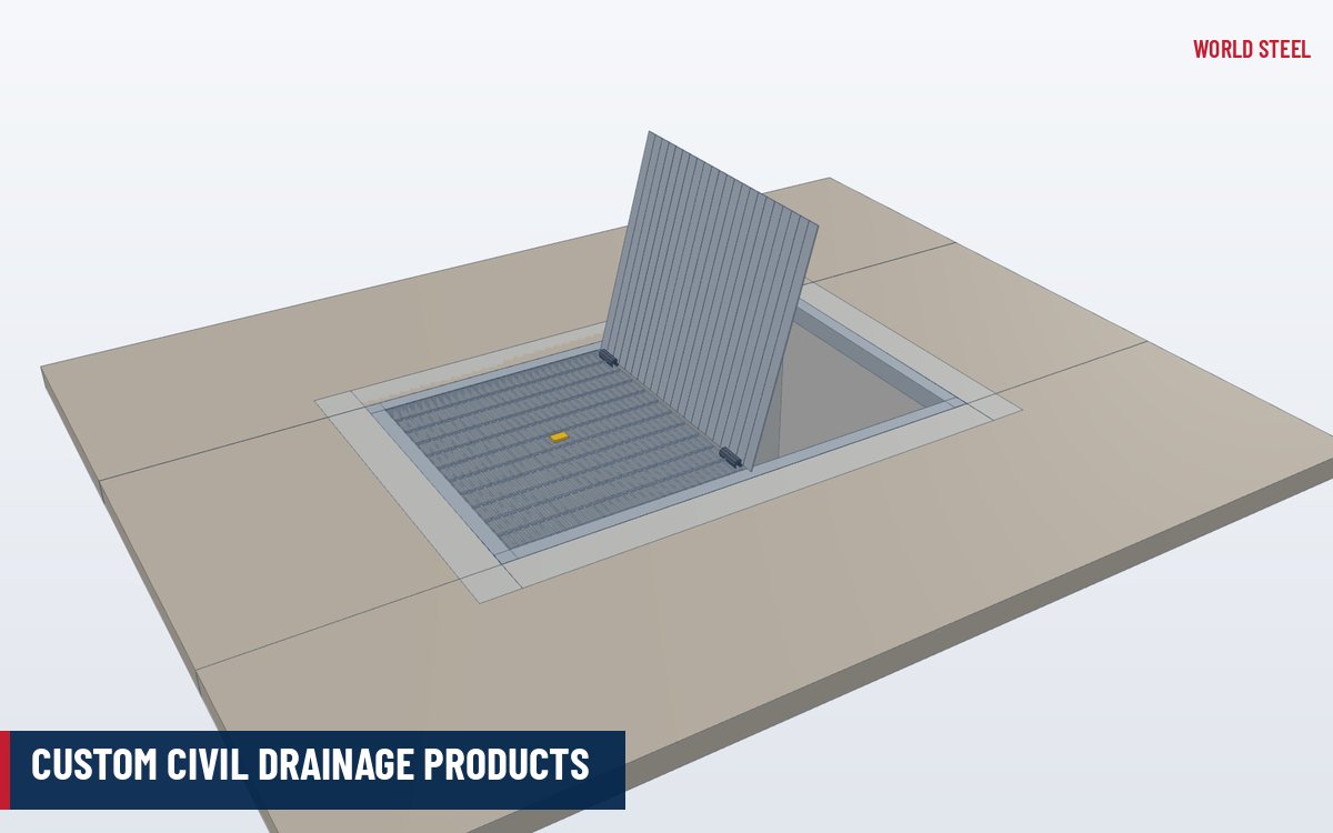 3D render of a concrete headwall with a galvanised steel trash rack and hinged grate