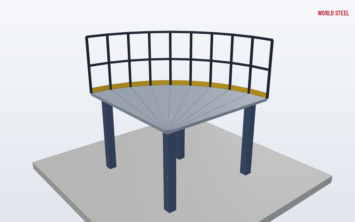 Low-angle view of a custom handrail with mesh infill panels along an irregular platform