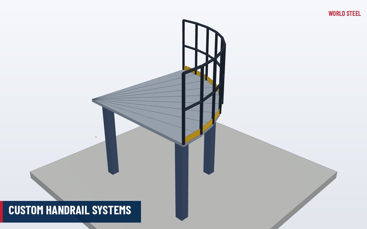 Isometric 3D illustration of a curved steel handrail following a radiused platform and raked stair