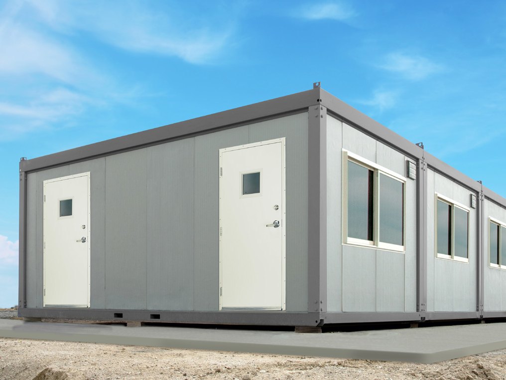 Modular site office with steel entrance doors