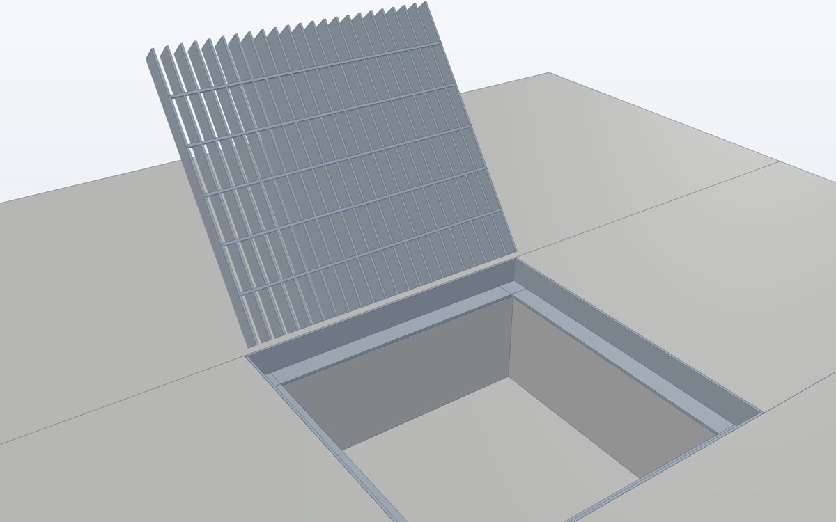 Open drainage pit with lifted grating cover and seat frame