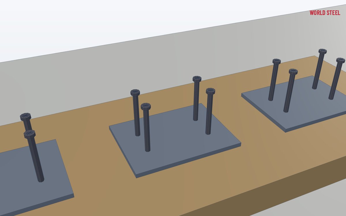Close-up of headed shear studs arc-welded to the back of an embed plate