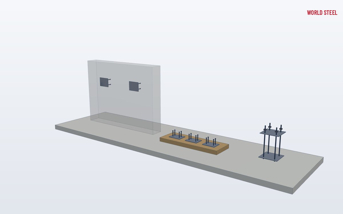 Low-angle view of embed plates and anchor bolt assemblies with templates