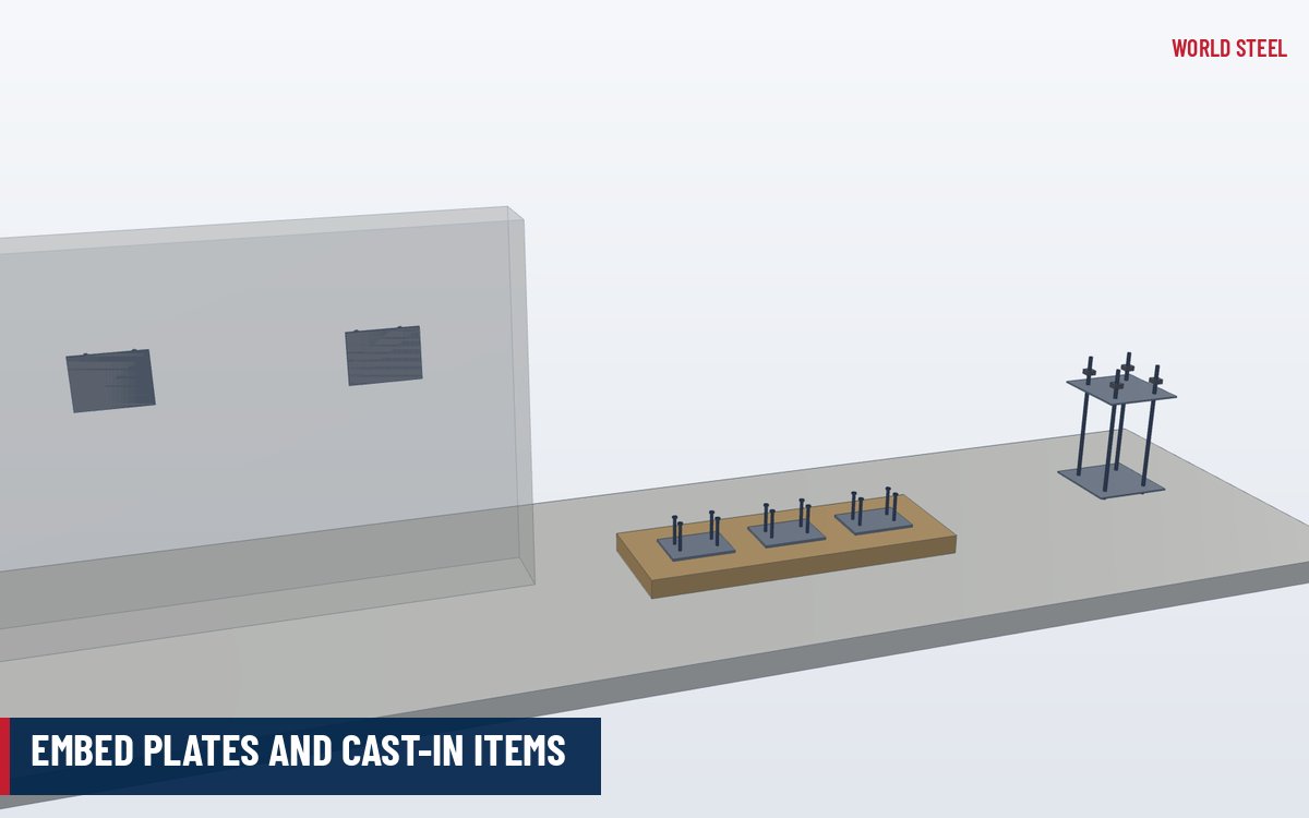 Isometric 3D render of a steel embed plate with welded headed studs