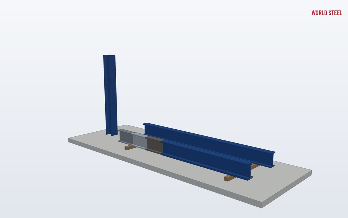 Low-angle view of painted steel columns and beams on trestles after topcoating