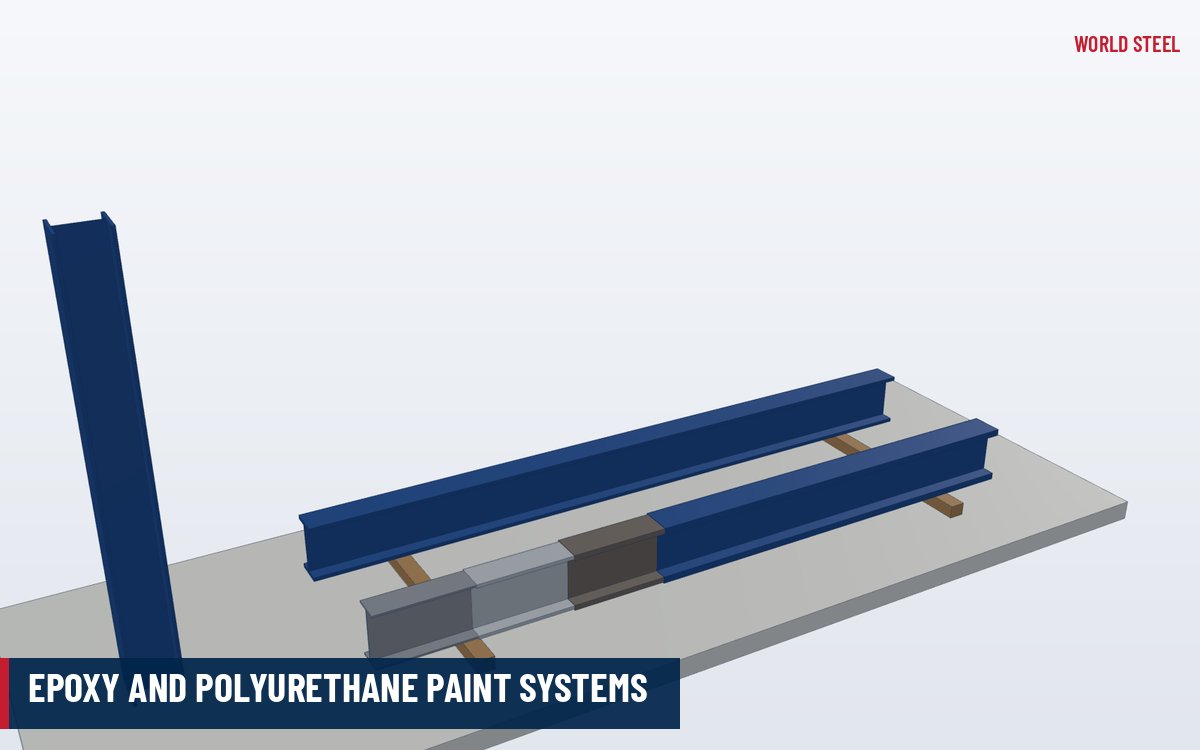 Isometric render of steel beams and columns painted with an epoxy and polyurethane system in the topcoat colour