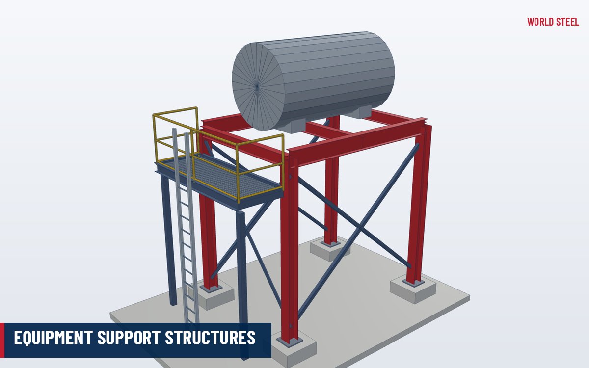Isometric 3D render of a braced steel equipment support frame with service platform
