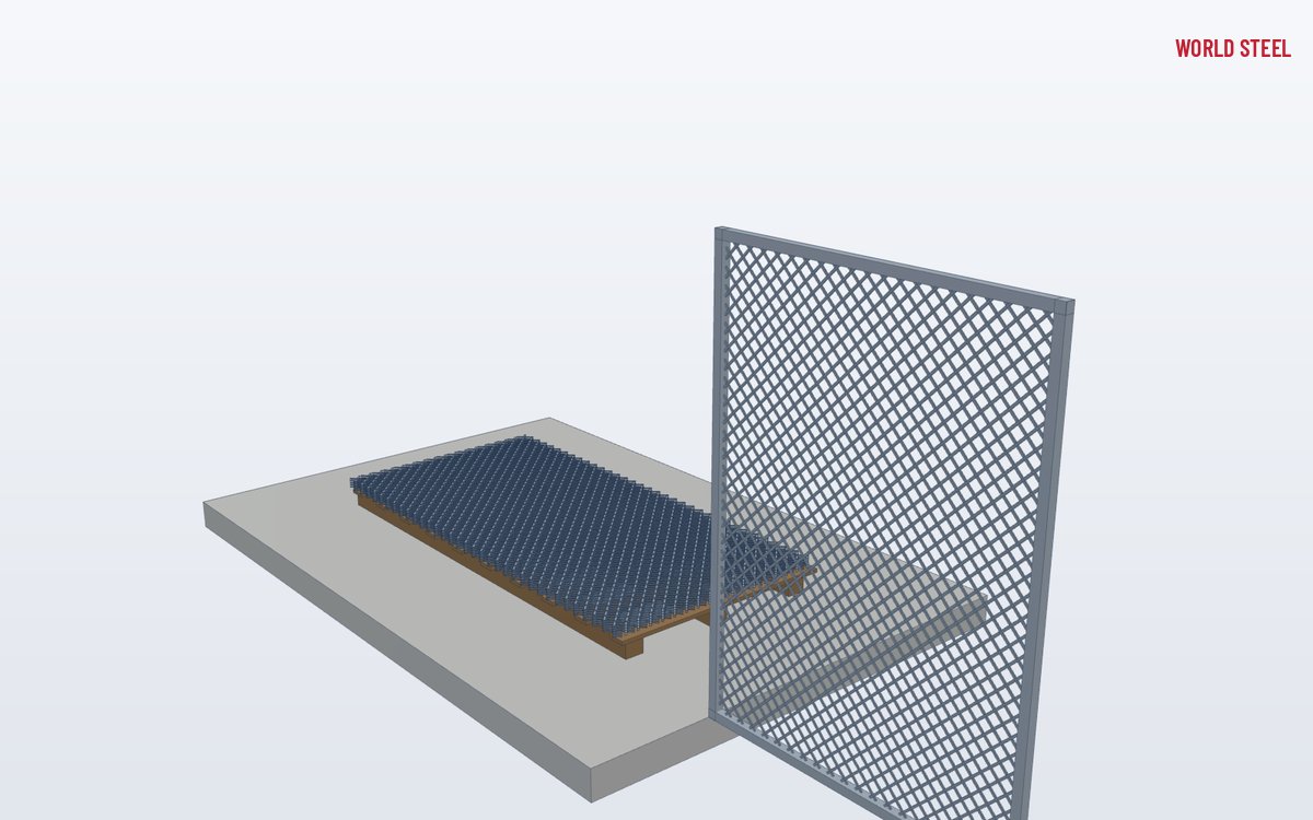 Low-angle view of framed expanded metal panels used as a walkway and machine guard