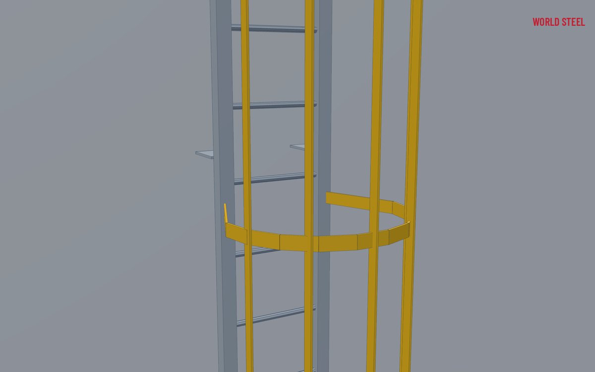 Close-up of ladder rungs welded between stiles with cage hoops behind