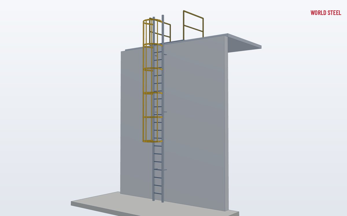 Low-angle view of a caged fixed ladder rising to a roof platform