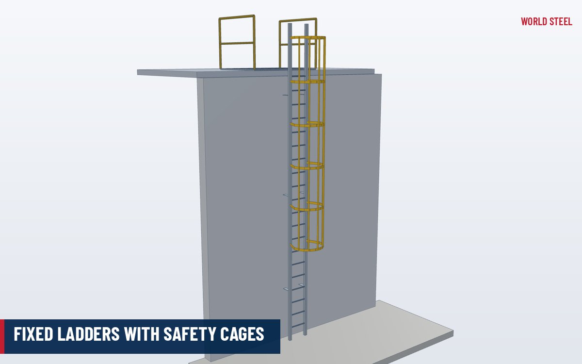 Isometric 3D render of a steel fixed ladder with safety cage hoops and vertical straps