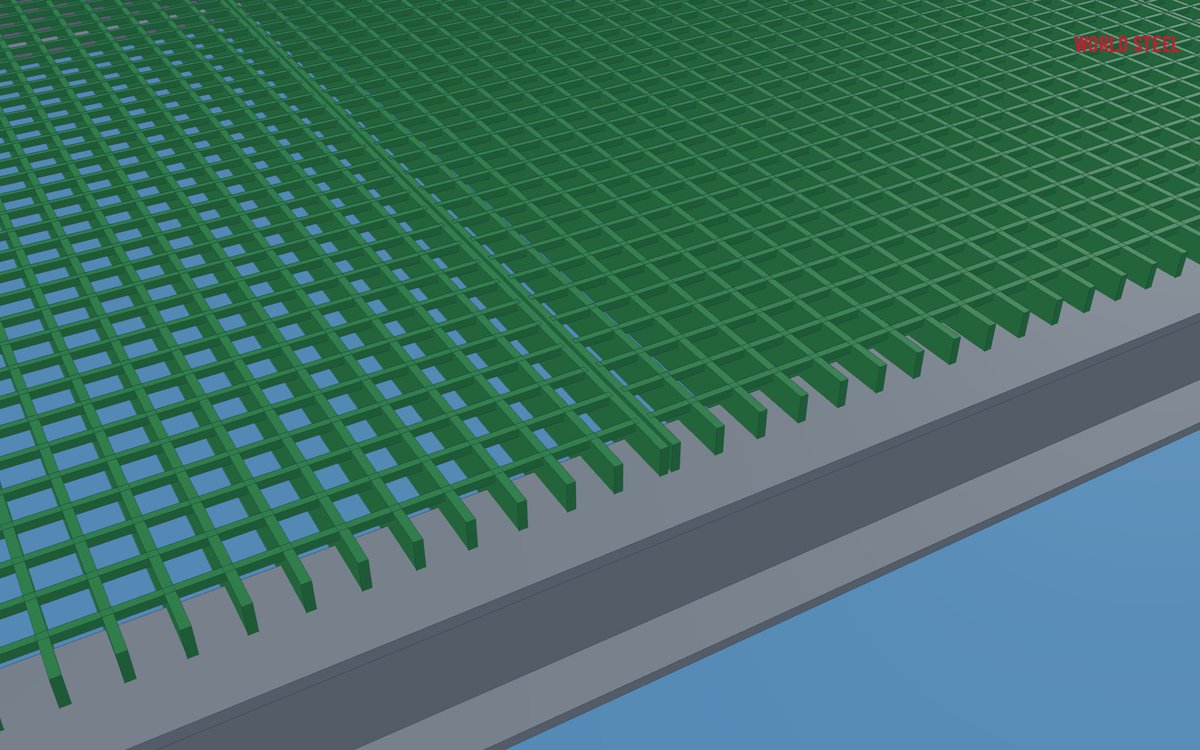 Close-up of square-mesh moulded FRP grating with grit top surface and hold-down clip