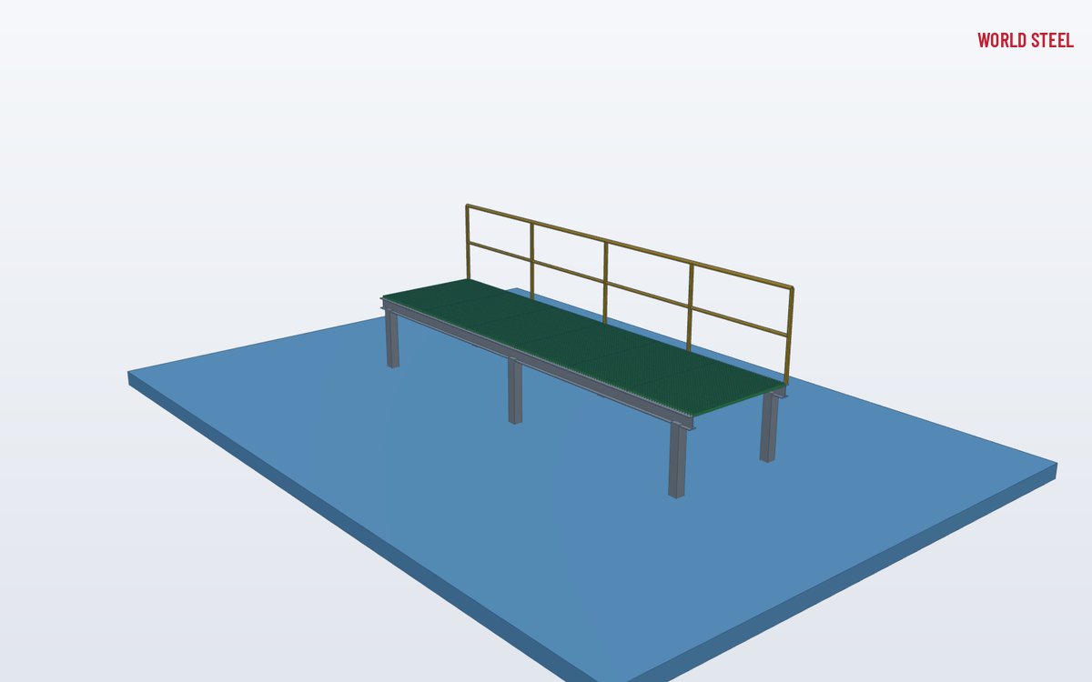 Lower-angle view of an FRP grating walkway on steel support beams