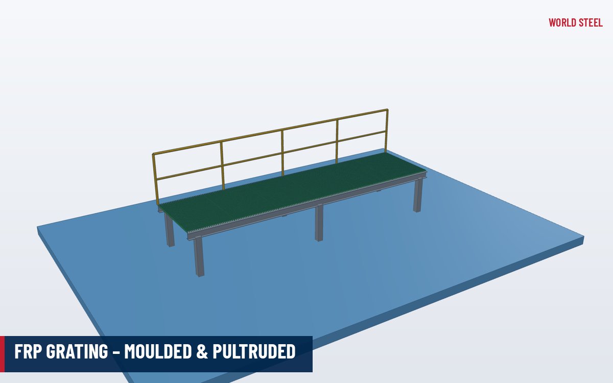 3D render of yellow FRP grating panels on a galvanised steel platform frame