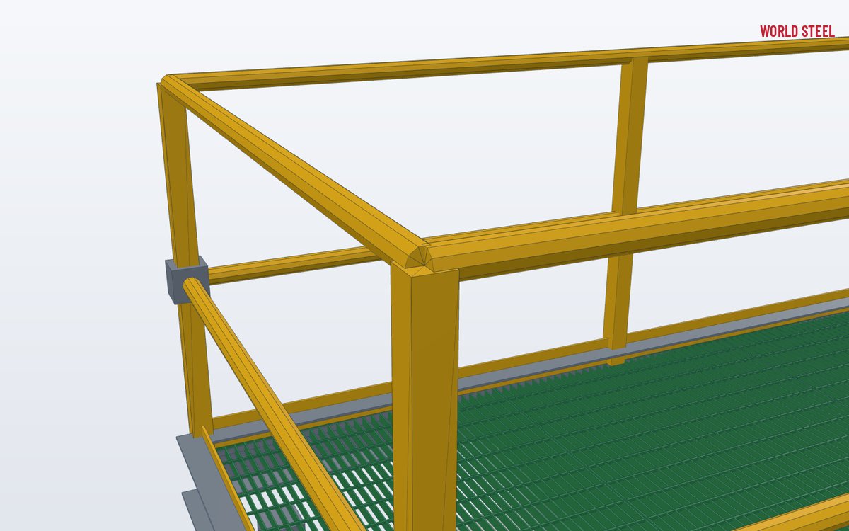 Close-up of a moulded FRP connector joining a post and two rails