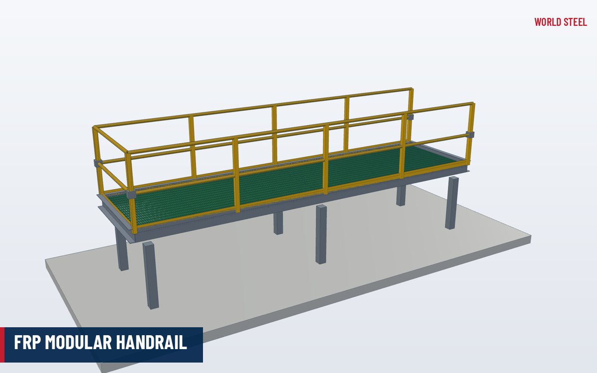 3D render of yellow FRP modular handrail around a platform with kick plates