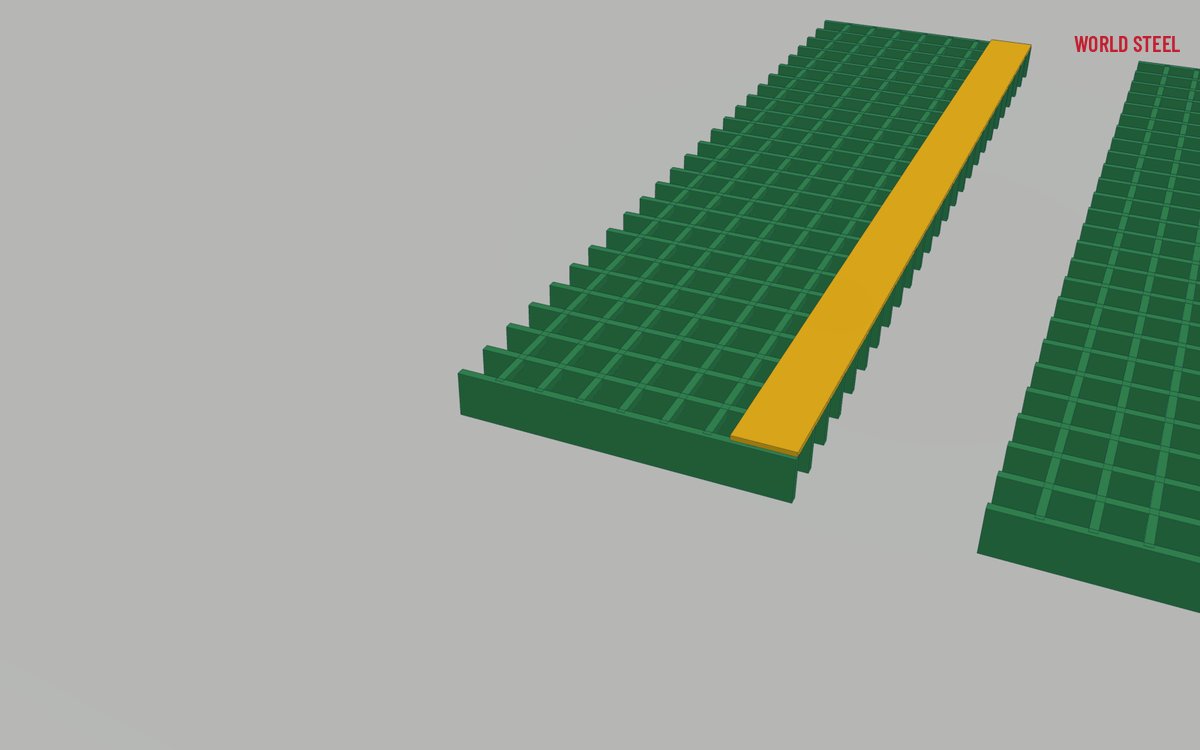 Close-up of an FRP tread nosing with grit surface and end fixing to a steel stringer